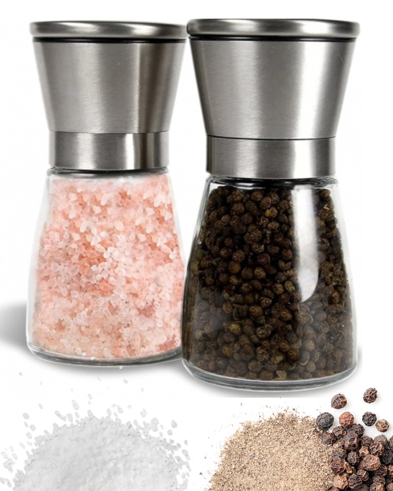 Młynki do soli i pieprzu szklane z pokrywką regulacja mielenia zestaw