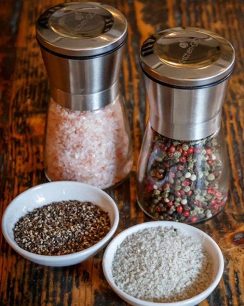 Młynki do soli i pieprzu szklane z pokrywką regulacja mielenia zestaw