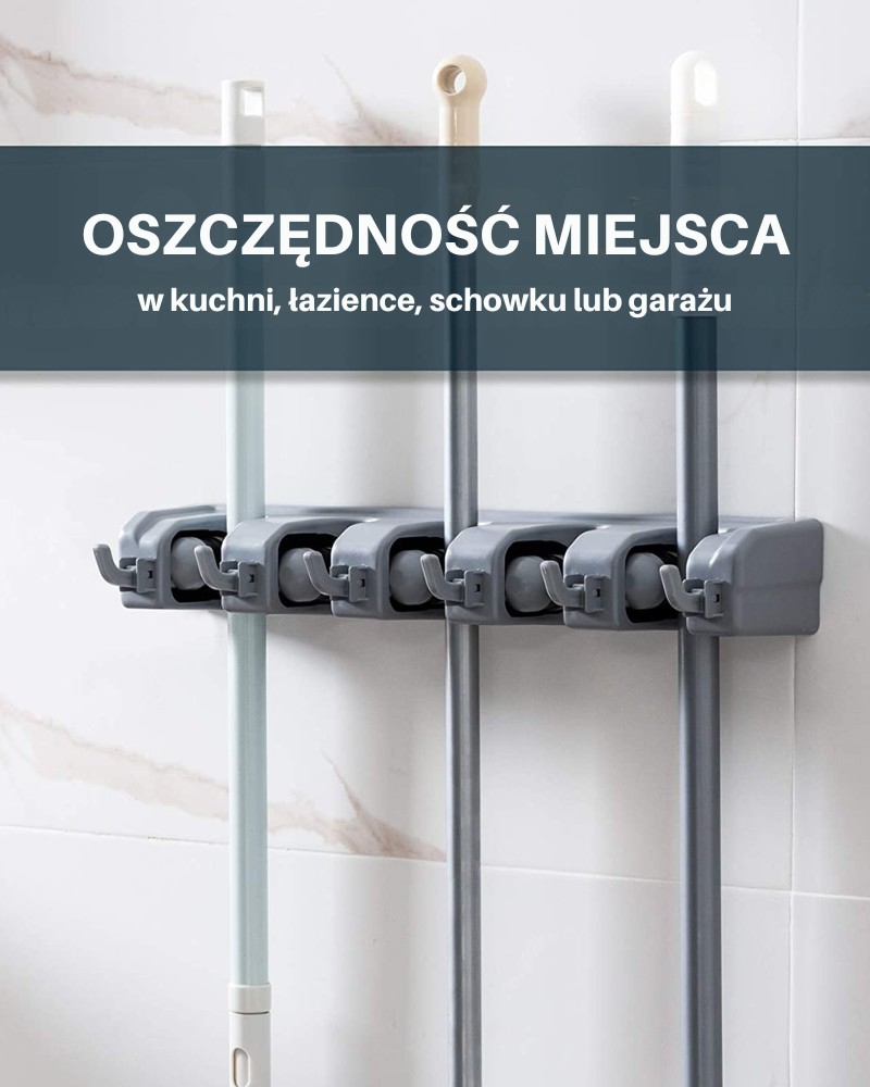 Wieszak ścienny organizer uchwyt na miotły mopy 5 wieszaków + haczyki