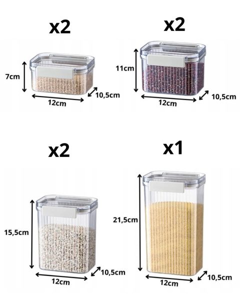 Pojemniki organizery kuchenne na żywność, ryż, kaszę z uszczelką zestaw 7 szt