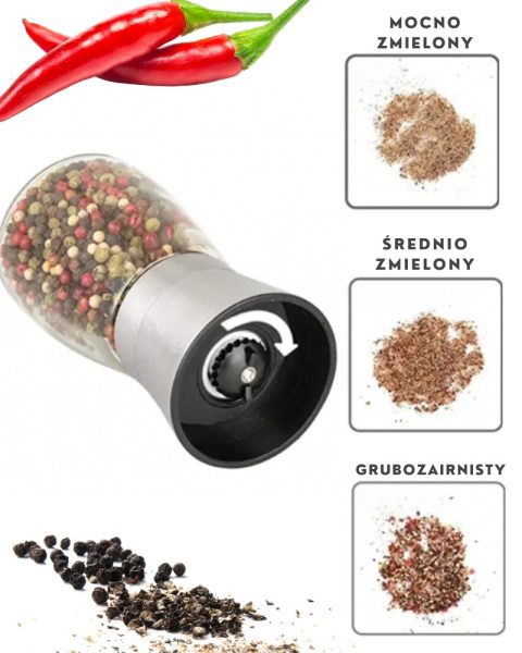 Młynki do soli i pieprzu szklane z pokrywką regulacja mielenia zestaw
